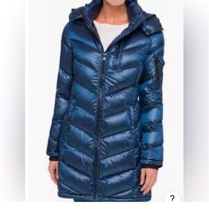 Andrew Marc Blue Packable 650 Fill Down Long Quilted Coat Jacket Hood -Blue-XL